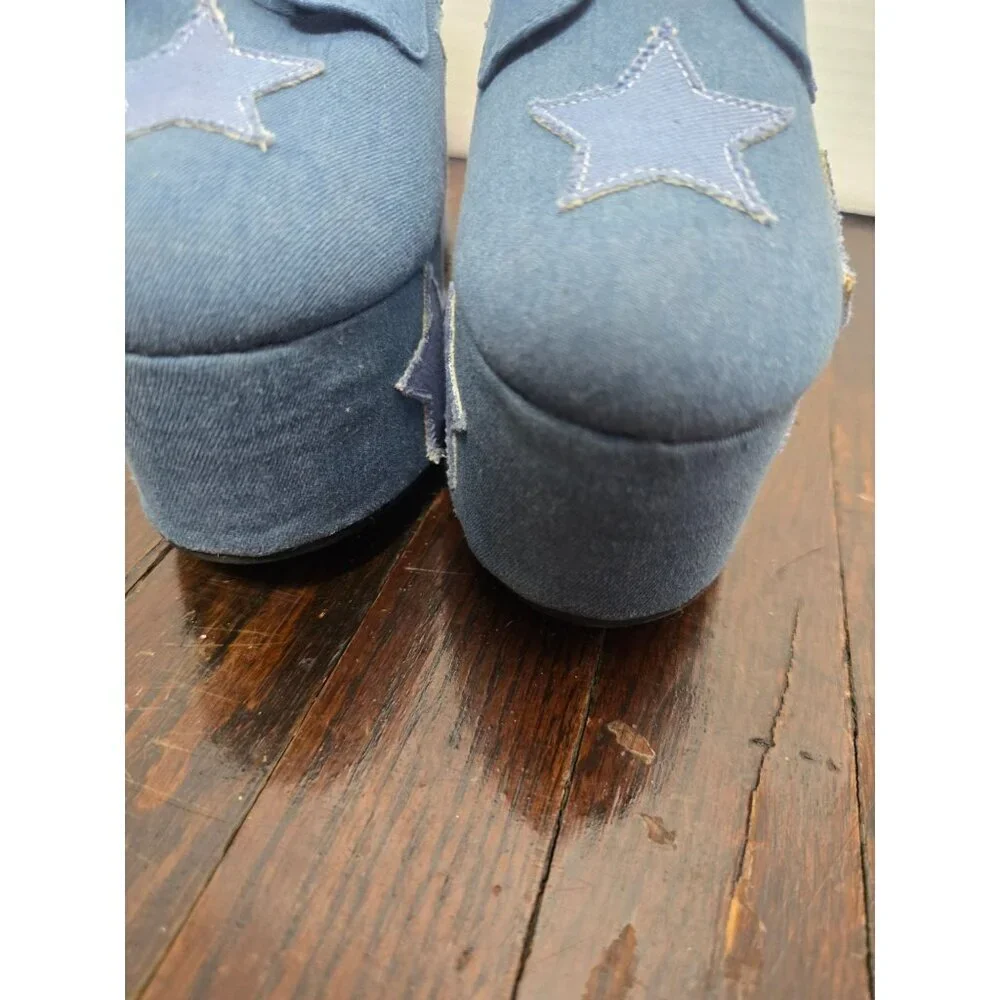Dolls Kill Sugar Thrillz Shoot For the Stars Playhaus Platforms Denim sz 8
